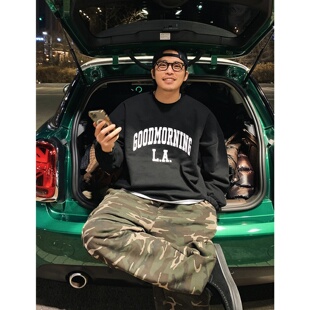 早安洛杉矶字母印花街头宽体圆领卫衣上衣潮款 MRDONG韩国代购 男装
