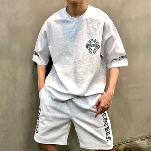 MRDONG韩国代购东大门男装侧边刺绣哥特字母宽松短袖T恤短裤套装