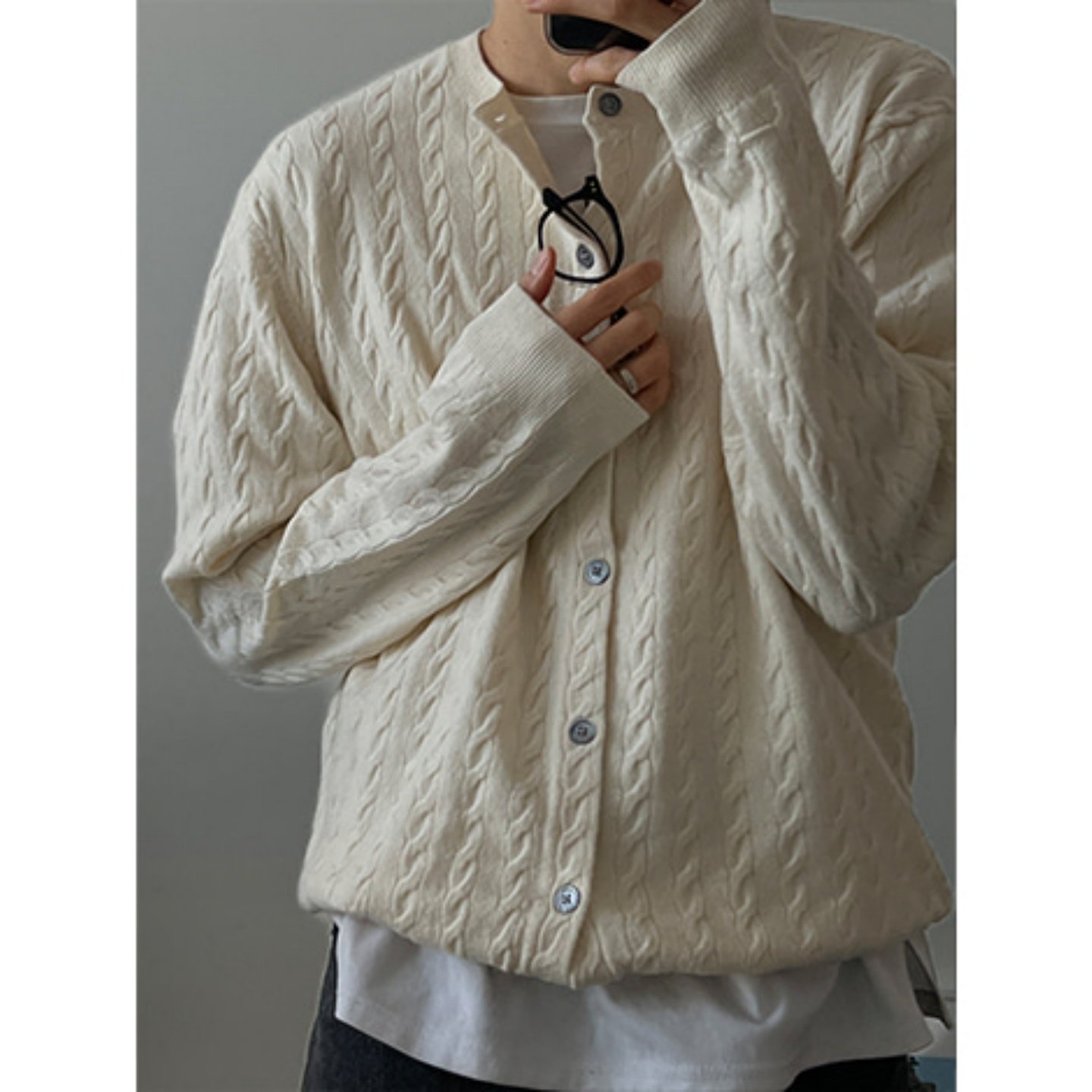 MRDONG韩国代购男装LOGAN麻花肌理圆领针织开衫宽松小众复古