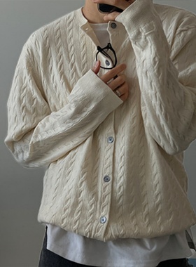 MRDONG韩国代购男装LOGAN麻花肌理圆领针织开衫宽松小众复古