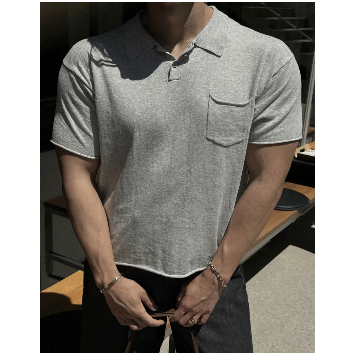 MRDONG韩国代购东大门男装简约口袋翻领针织短袖T恤休闲潮流轻奢