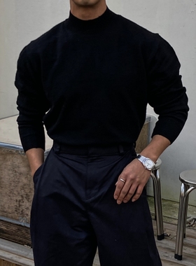 韩国男装代购直播GC家山羊绒半高领秋冬设计师粗针坑条针织衫毛衣