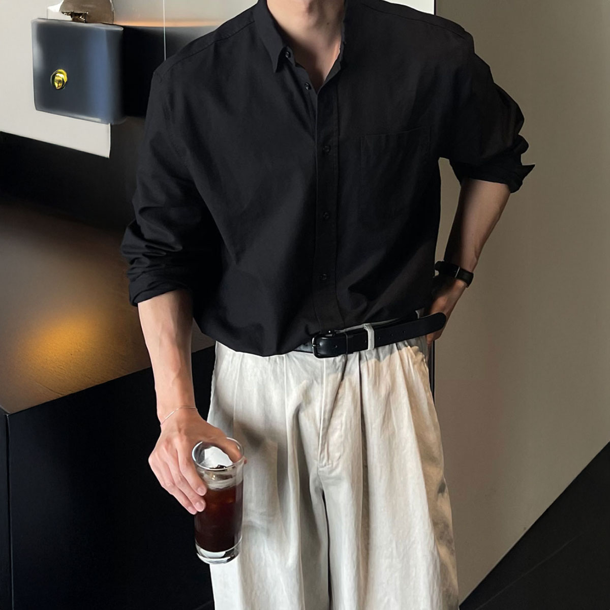 韩国男装轻熟高品棉麻单口袋衬衫