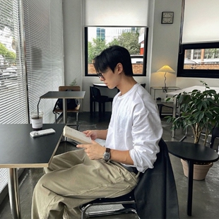 MRDONG韩国代购东大门男装直播NOMADE竹节棉落肩宽松打底长袖T恤