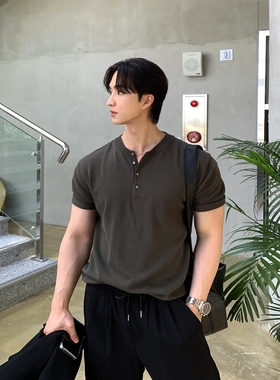 韩国男装代购直播SLOG夏季高品冷感轻熟风亨利领精工针织短袖T恤
