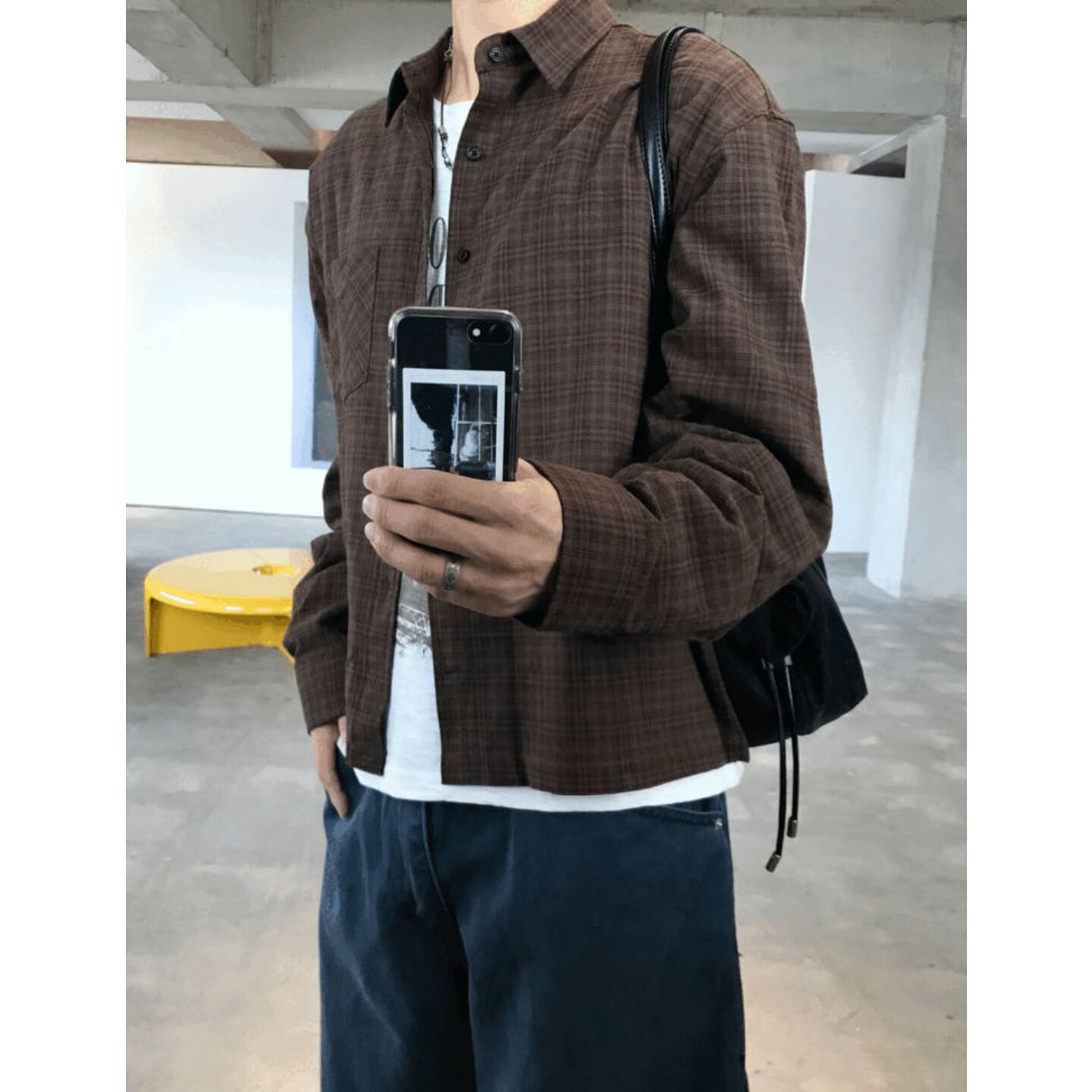 MRDONG韩国代购东大门男装格纹单袋复古短款舒适休闲宽松长袖衬衫