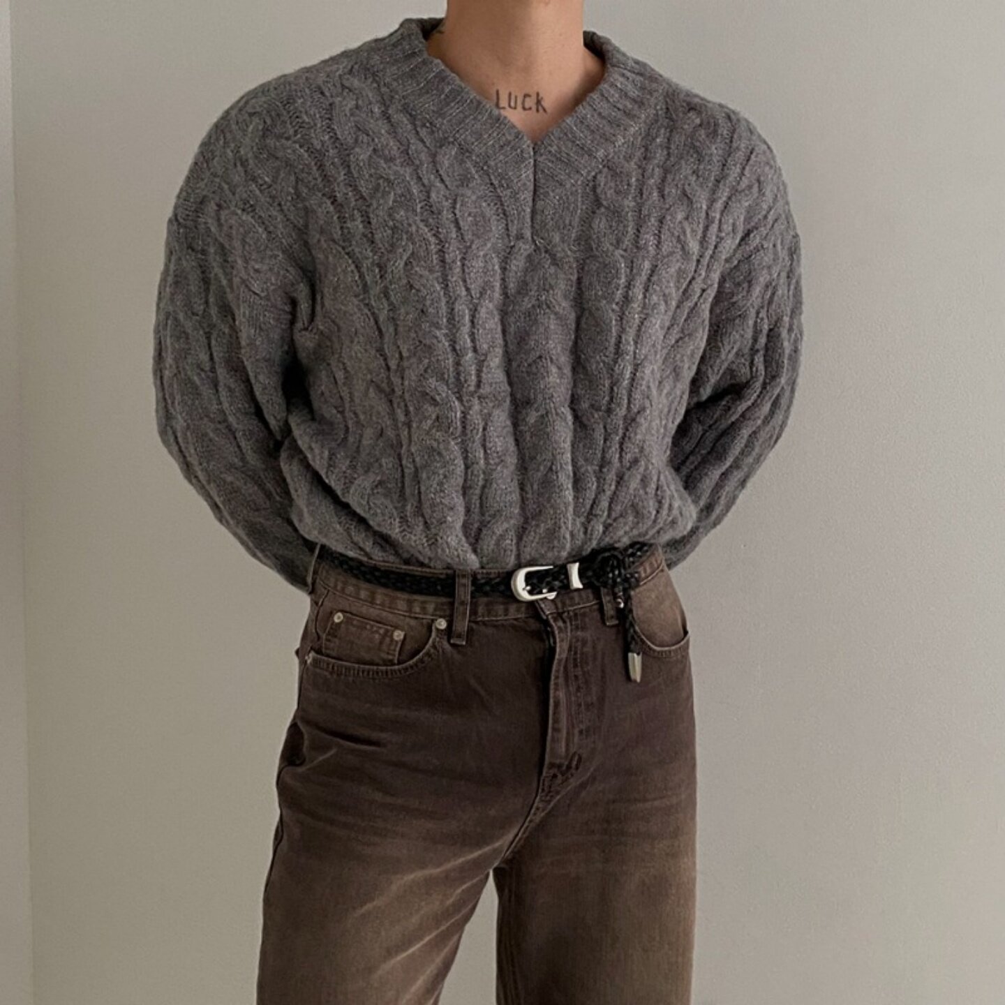 MRDONG韩国代购男装25FW羊毛粗线麻花V领毛衣厚款冬宽松男女同款