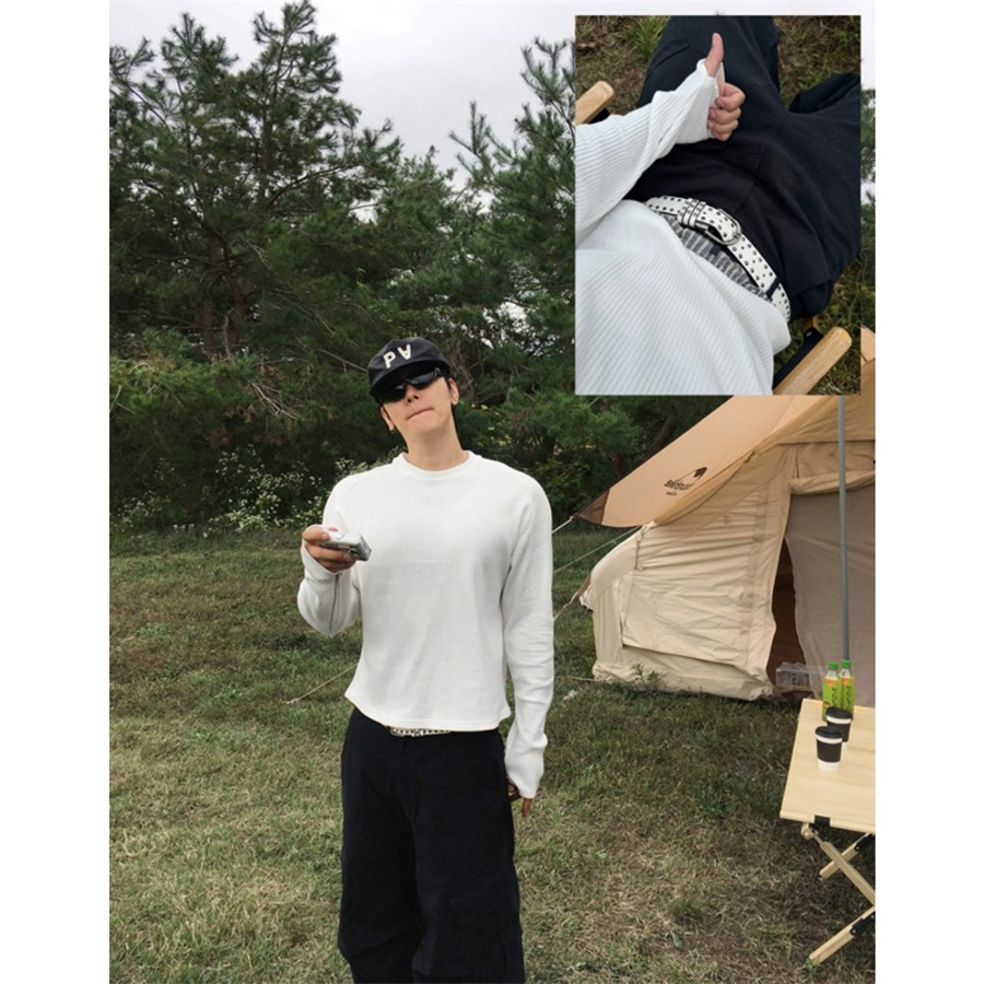 韩国男装短款纯色套指华夫格T恤