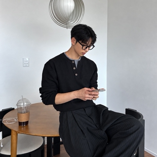 MRDONG韩国代购东大门男装直播NOMADE假两件亨利领宽松亲肤针织衫