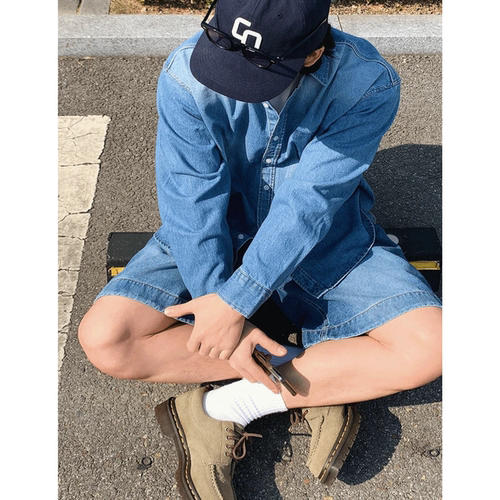 韩国代购撞色水洗牛仔衬衫宽廓