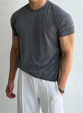 MRDONG韩国男装代购轻薄弹力修身纯色基本款健身打底圆领短袖T恤