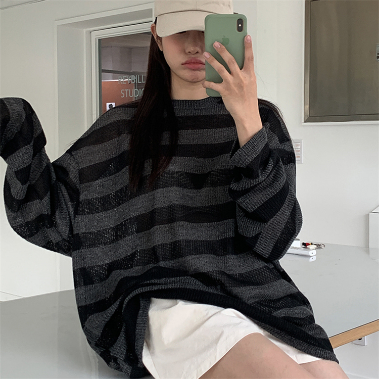 韩国代购轻薄春夏条纹针织长袖T