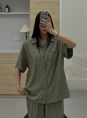 MRDONG韩国代购东大门男女12GUAGE冰感褶皱垂顺开领宽松短袖衬衫