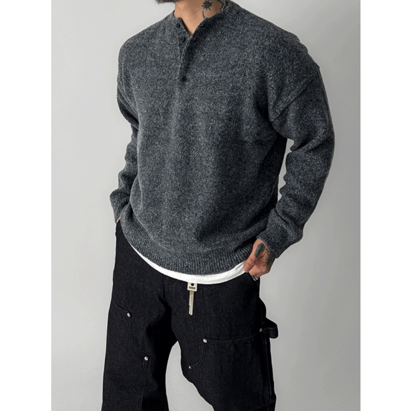 MRDONG韩国男装代购亨利领半开五粒扣洋气混色秋冬宽松针织衫毛衣