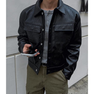 挺括廓形复古潮男款 量子机车皮衣夹克翻领短款 男装 MRDONG韩国代购