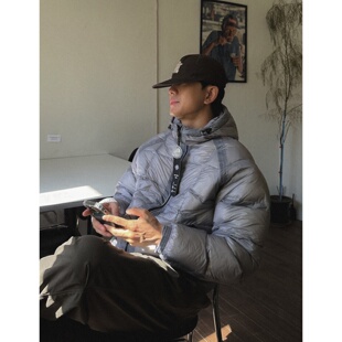 MRDONG韩国代购东大门男装撞色拼接插肩袖连帽蓬松鸭绒羽绒服外套