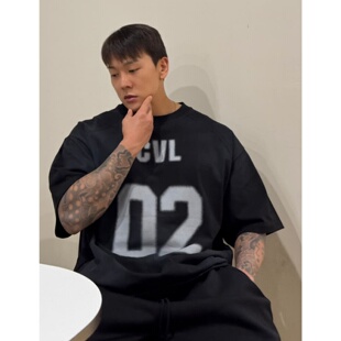 MRDONG韩国代购东大门男装数字队服污渍印染水洗街头大码短袖T恤