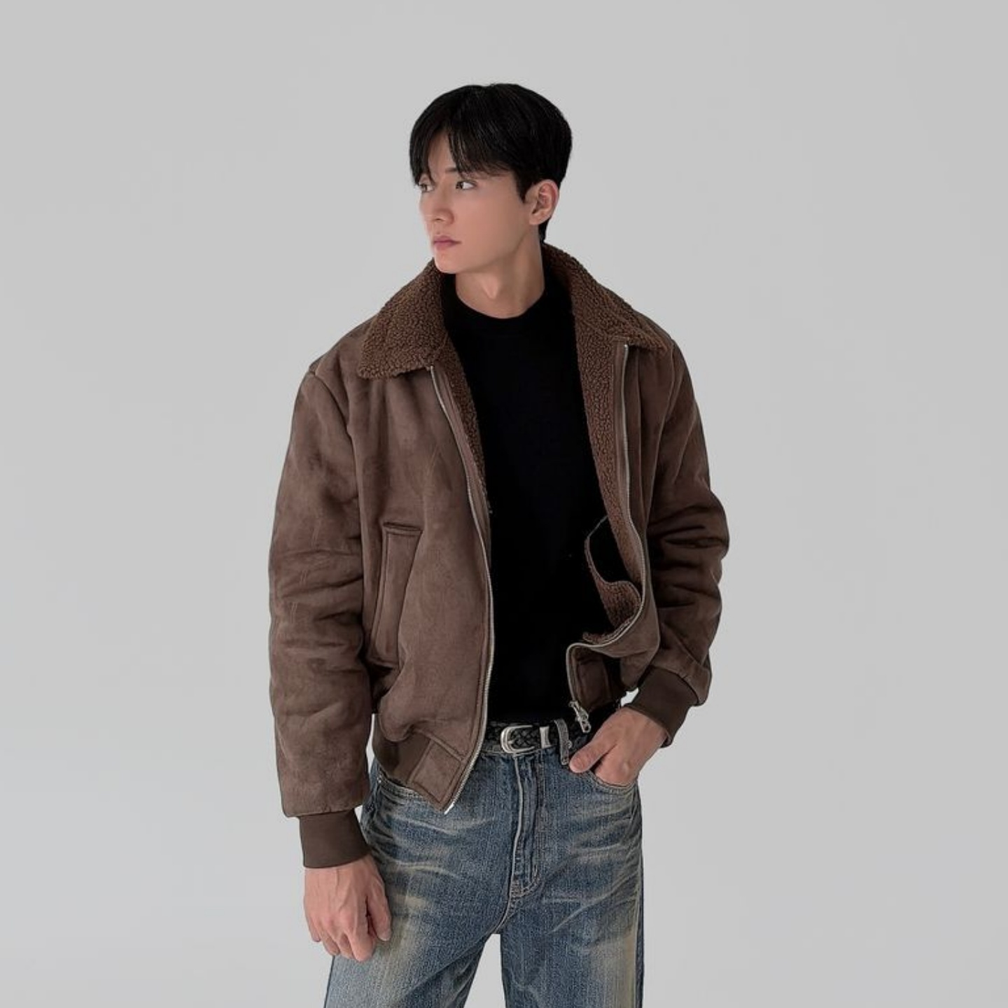MRDONG韩国男装代购翻毛麂皮绒羊羔毛仿皮毛一体mustang夹克外套