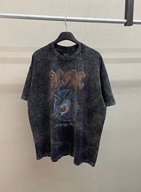 MRDONG韩国代购男装哈雷机车做旧暗黑摇滚印花宽版短袖T恤复古气