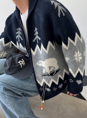 MRDONG韩国男装代购LOGAN高档冬季氛围感北欧风提花针织开衫外套