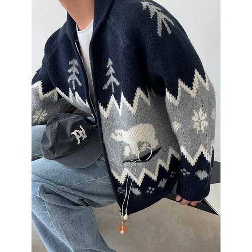 韩国男装高档北欧风提花针织开衫