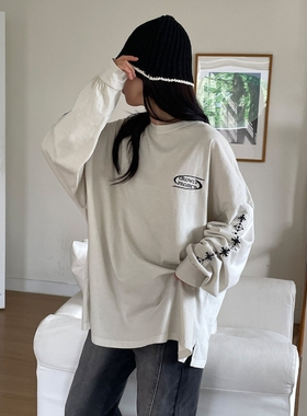 MRDONG韩国代购男女袖部图案刺绣宽松纯棉长袖T恤街头风格百搭款