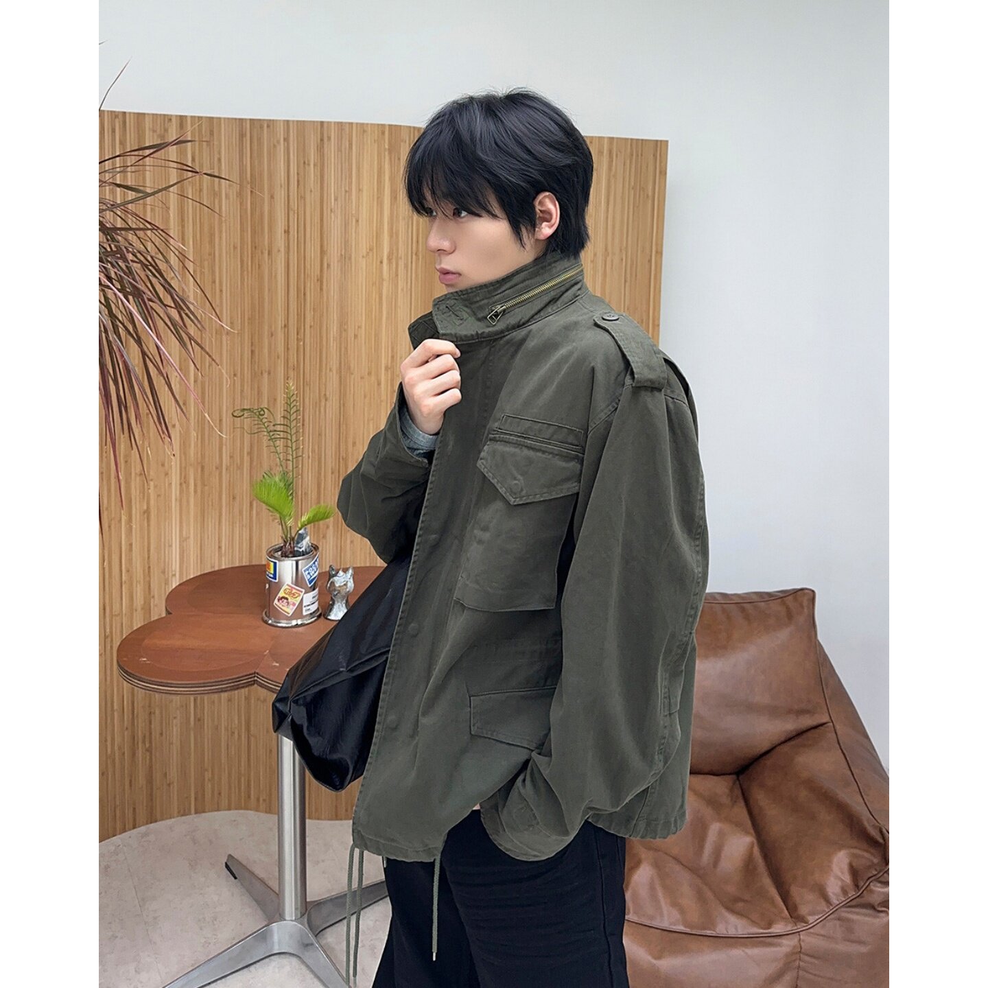 MRDONG韩国代购东大门男装水洗拉链立领肩章四袋工装宽松夹克外套