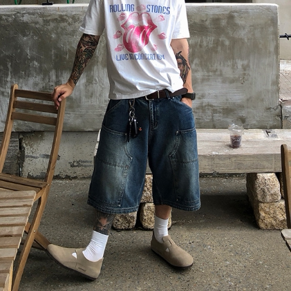 韩国代购拼接铆钉工装牛仔短裤图片