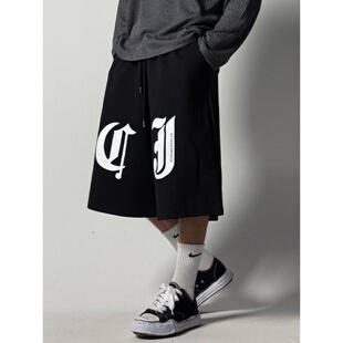字母印花毛圈百慕大宽松街头运动休闲五分短裤 MRDONG韩国代购 男装