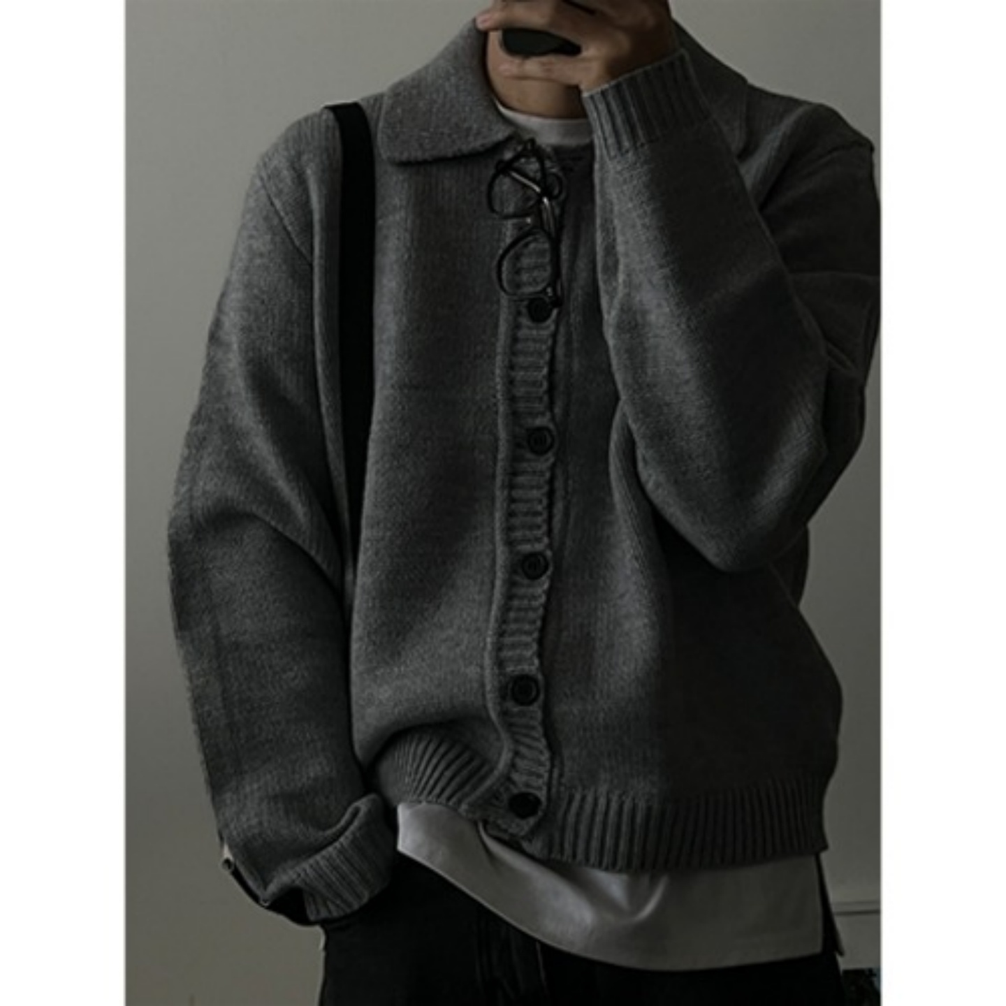 MRDONG韩国男装代购轻熟翻领简约风宽松翻领系扣针织开衫毛衣外套