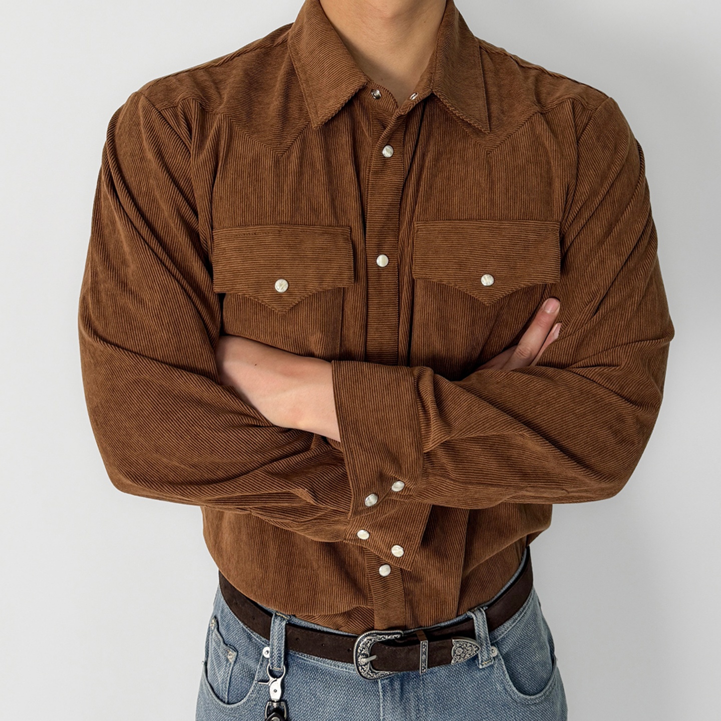 MRDONG韩国男装代购西部风拼接翻盖双口袋灯芯绒秋冬宽松长袖衬衫