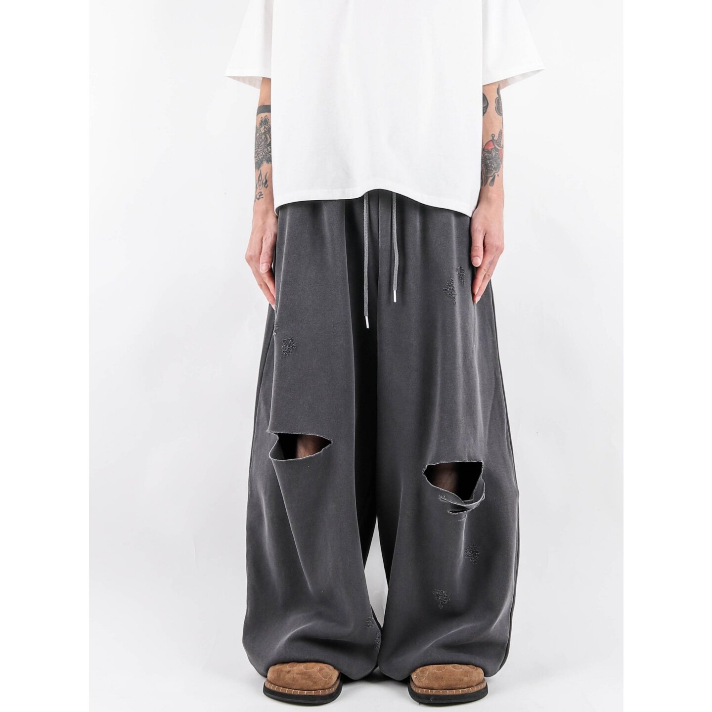 MRDONG韩国代购男装做旧破洞抽绳慢跑休闲裤复古宽版炭灰潮感街头