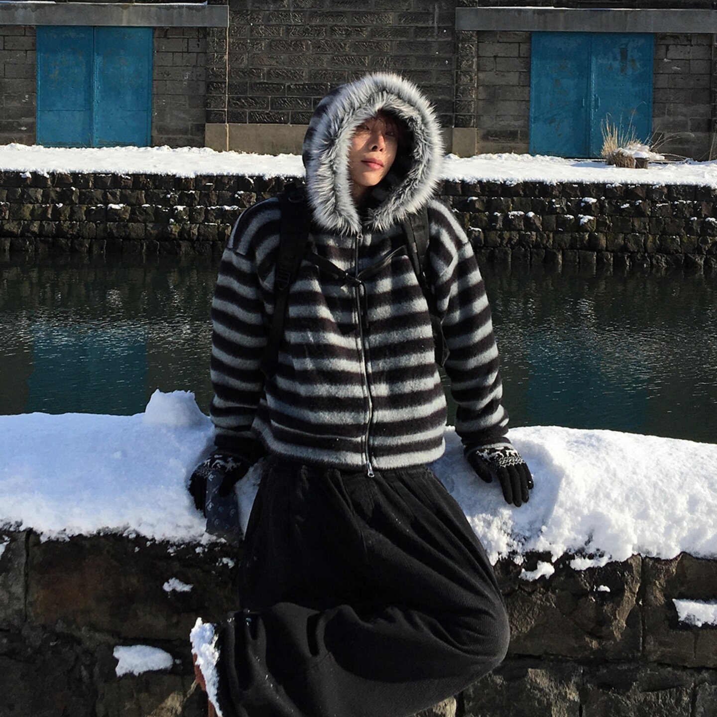 MRDONG韩国代购男装条纹短款拉链连帽仿皮草绒感外套甜酷混搭层次