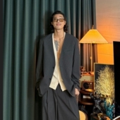 韩国男装 代购 直播ROA深V无领条纹人造丝小众高档宽松休闲西服外套