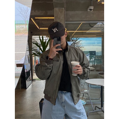 韩国代购棉质复古立领人字纹夹克