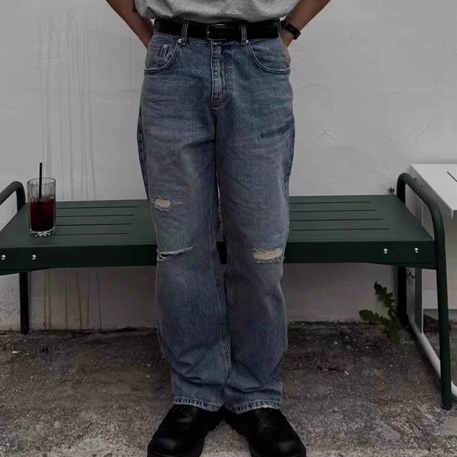 福利秒杀韩国男装代购直播MOOD拉丝破洞重工水洗设计师直筒牛仔裤