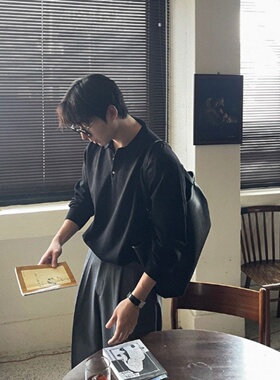 MRDONG韩国代购男装LOGAN亨利翻领针织T恤宽松落肩长袖气质