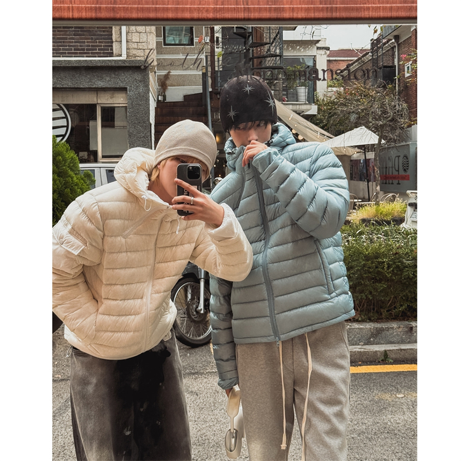 MRDONG韩国男装代购格子暗纹时尚拉链抽绳连帽轻量羽绒服夹克外套