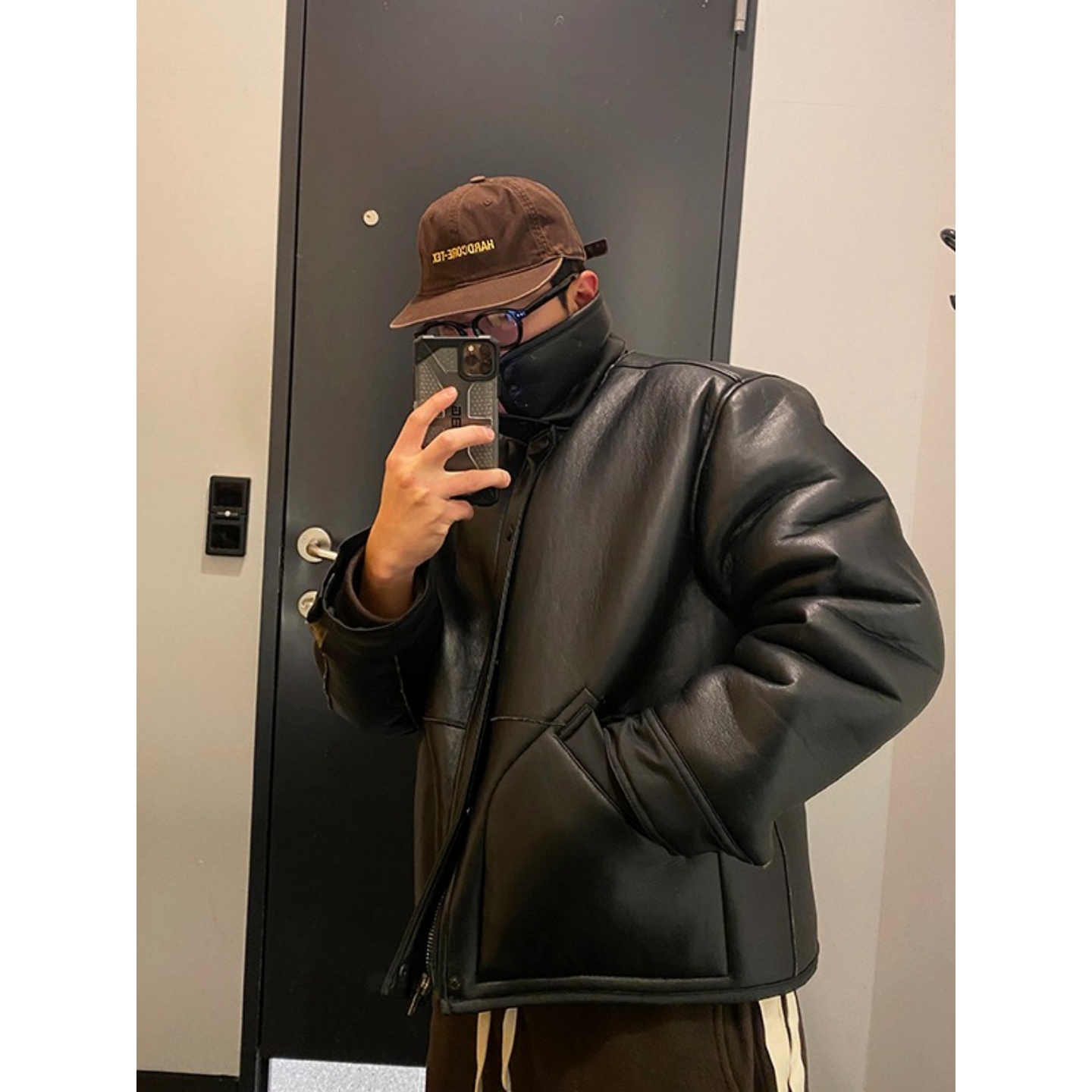 韩国代购羊羔绒皮毛一体机车外套