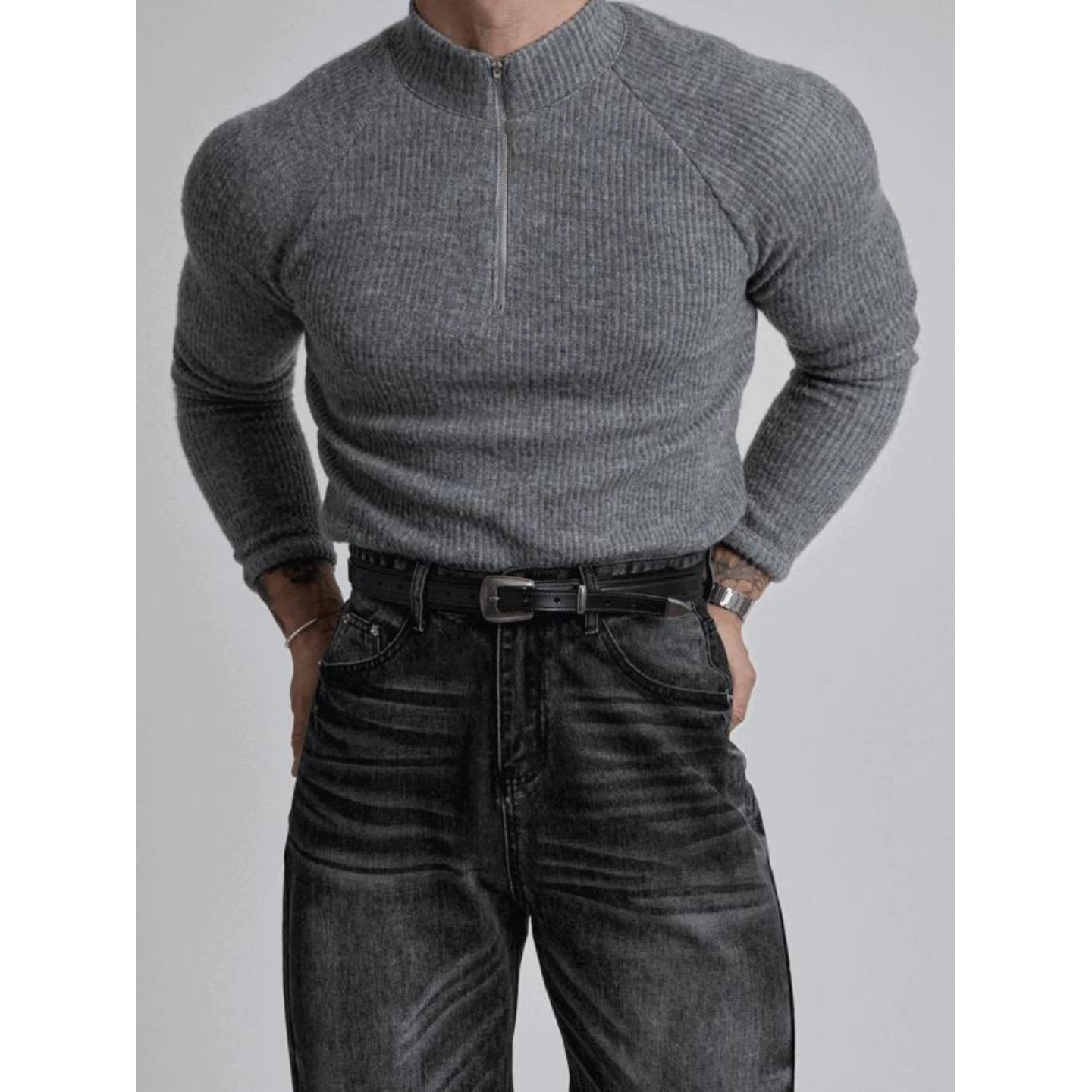 韩国男装高领半拉链毛衣简洁线条