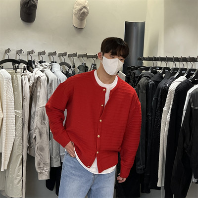 韩国男装小香风横条纹理针织开衫