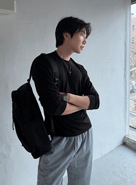 MRDONG韩国代购男装纯色圆领基款长袖T恤春秋百搭柔软舒适打底衫