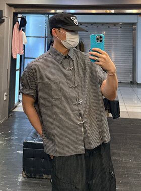 韩国代购复古格纹飞机扣短袖衬衫
