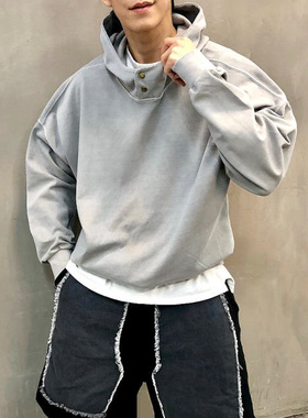 MRDONG韩国代购男装水洗按扣小众做旧连帽卫衣宽松复古街头气质