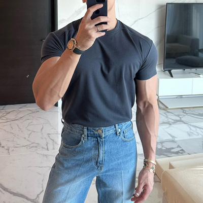 韩国男装肩线百搭弹力修身短袖T