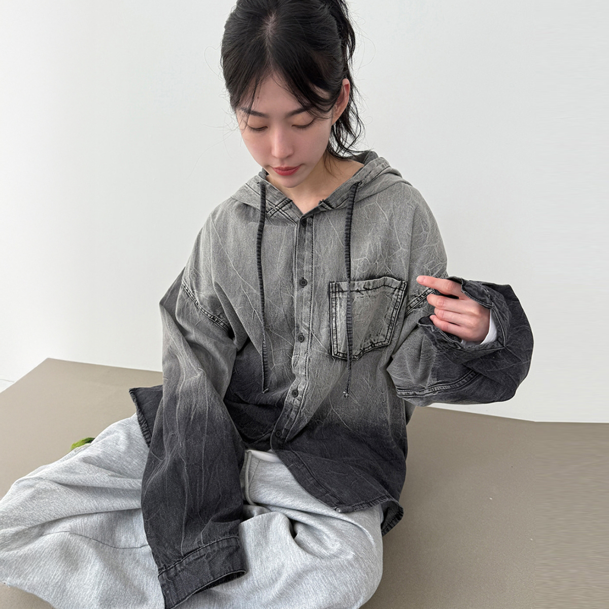 韩国代购男女渐变色连帽牛仔衬衫