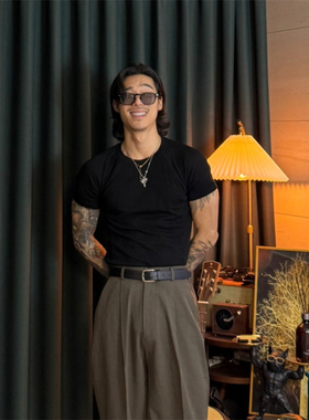 MRDONG韩国男装代购螺纹弹力棉修身针织插肩袖muscle健身短袖T恤