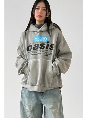 MRDONG韩国代购抓绒oasis printed cotton hoody 连帽卫衣宽松