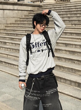 MRDONG韩国代购男装复古字母印花圆领卫衣宽松慵懒美式上衣减龄