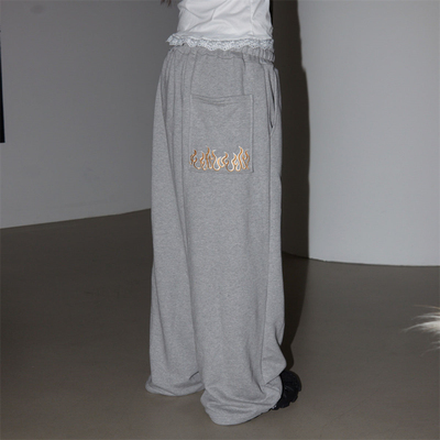 韩国代购火焰图腾刺绣可束脚卫裤